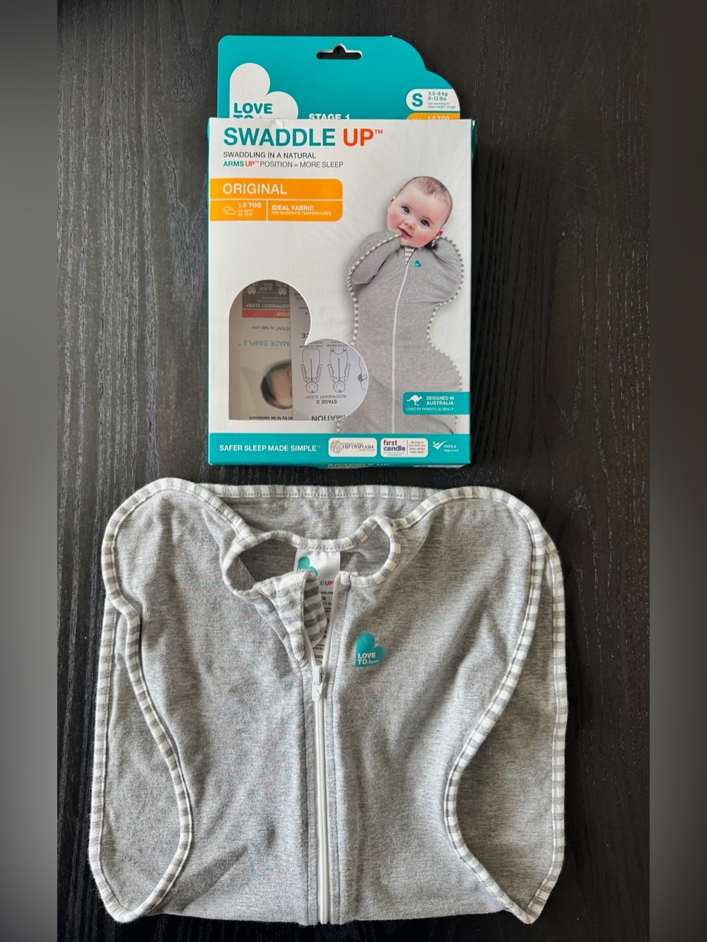 Love to dream Grey Swaddle with Teal Heart Logo